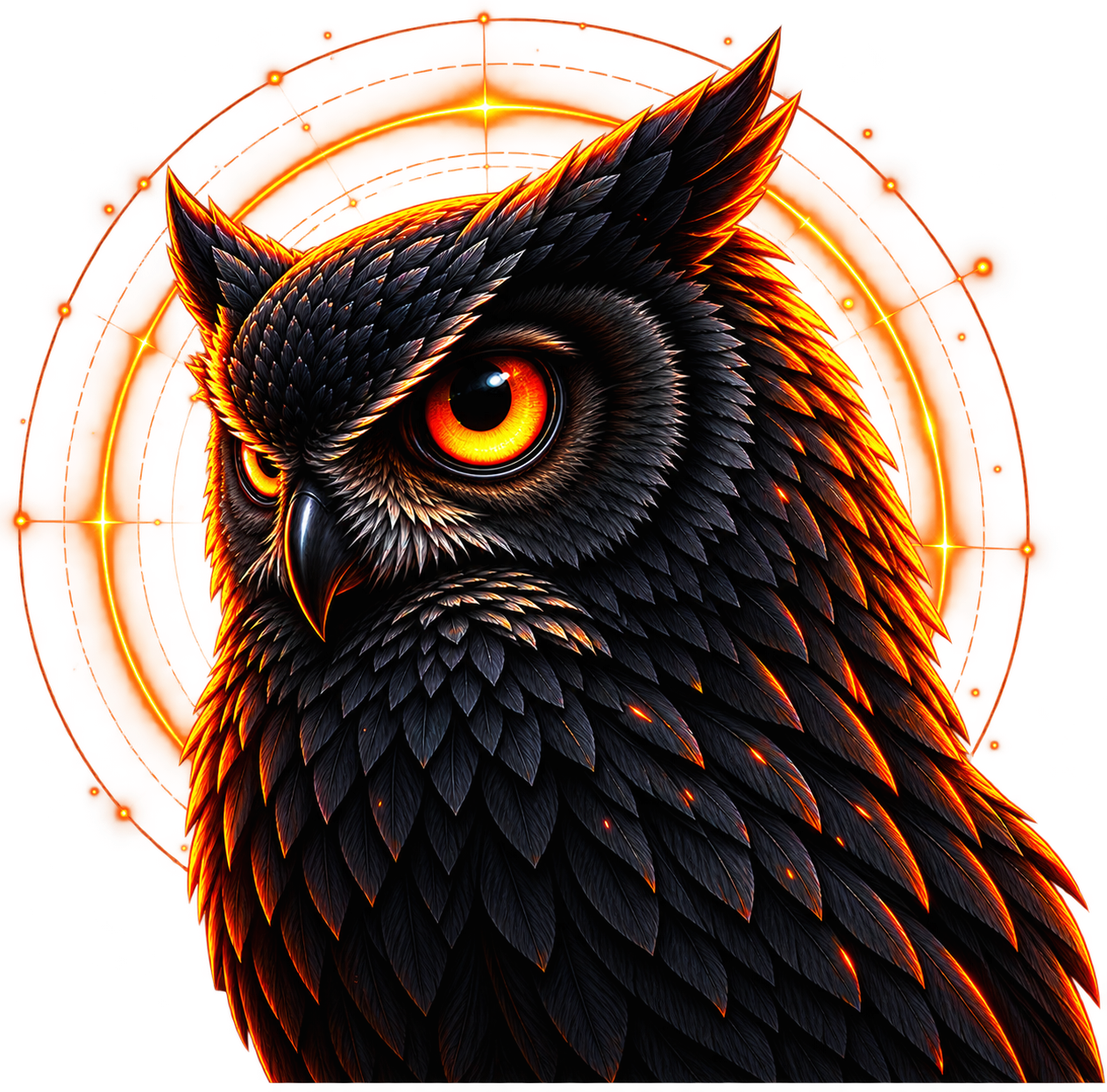 Glowing-eyed owl emblem with a radiant orange halo